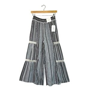 New LOVE WISH S Wide Leg Palazzo Pants Black White Tribal Geometric Print Boho